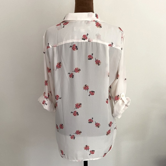 Loft White Floral Utility Button Down Blouse with Roll Tab Sleeves - Picture 4 of 7